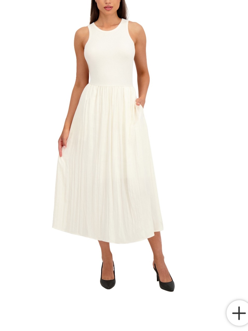 DKNY Cream Ribbed Bodice Maxi Tank Dress with Pleated Skirt New M
